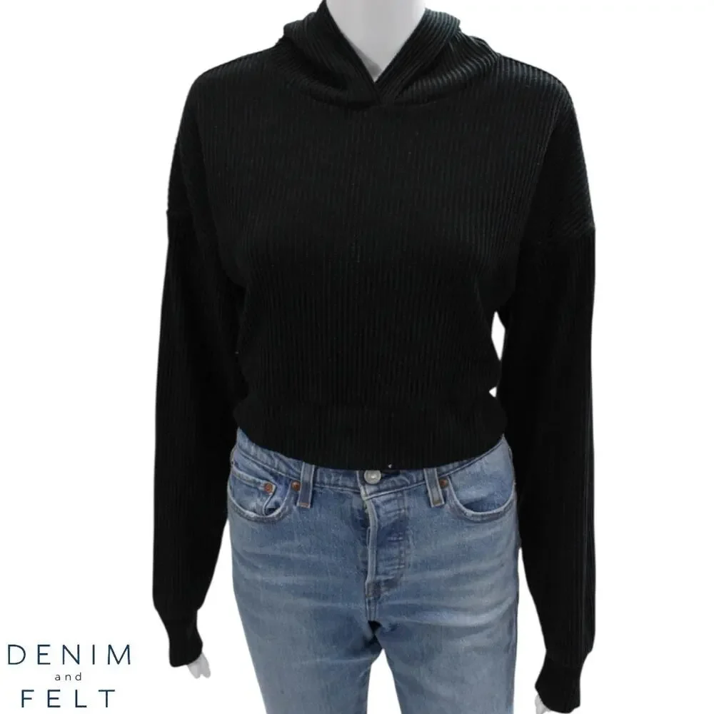 Alo Yoga Muse Hoodie Black Cropped Ribbed Lounge Sweatshirt XS Soft Plush Studio